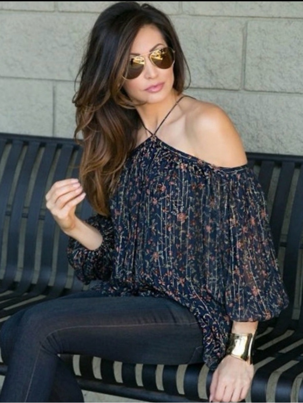 Zimmermann Navy Blue Floral Silk Lurex Cold Shoulder Blouse Top